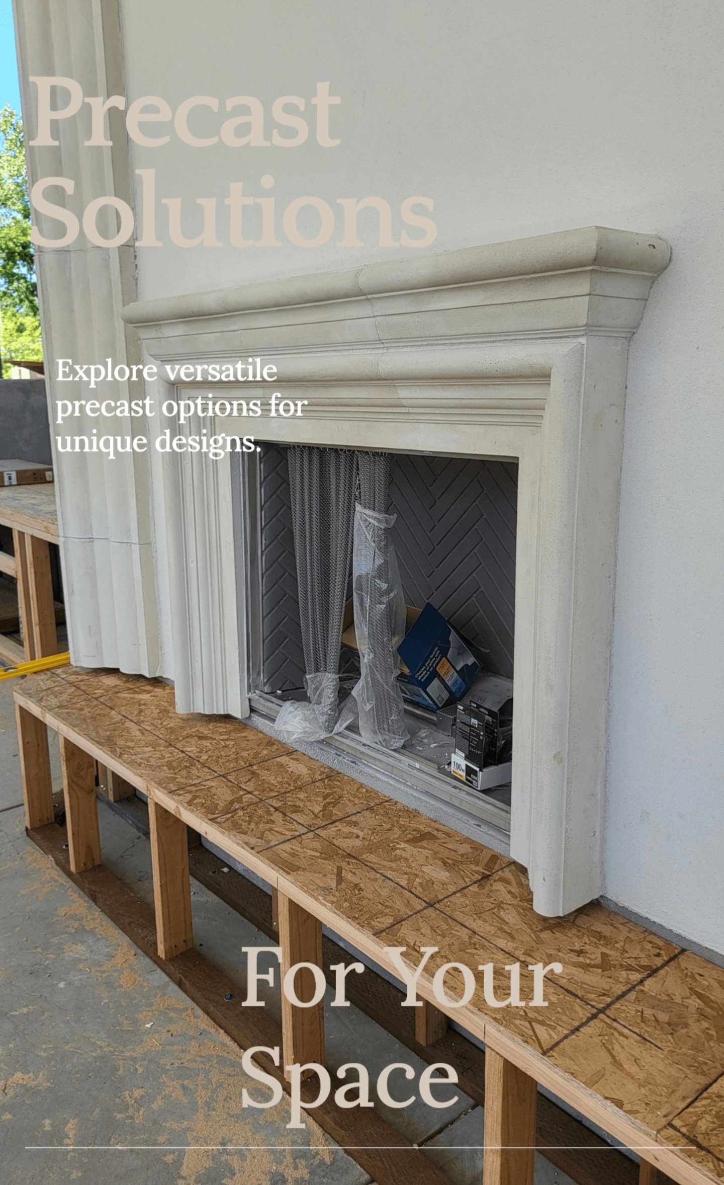 Custom exterior precast concrete fireplace surround and mantel installed by Lions Precast in Fresno California